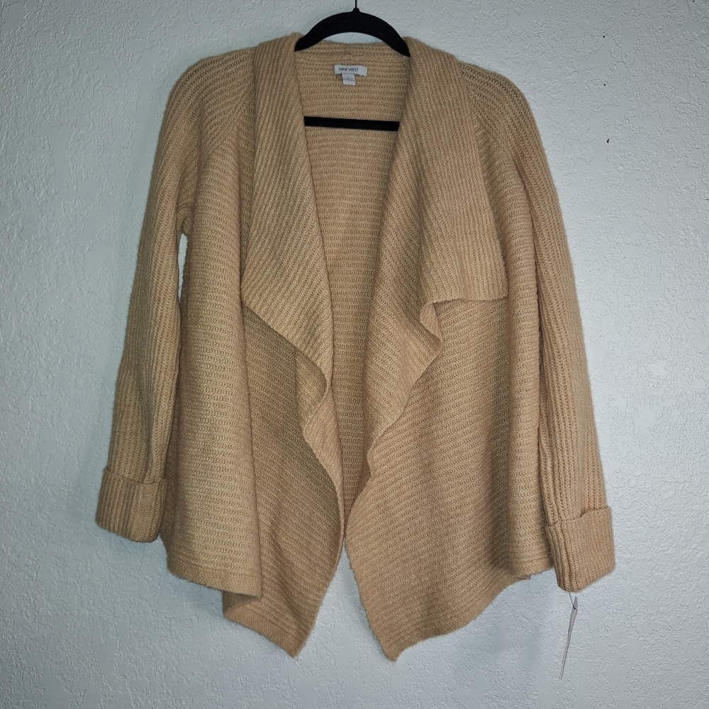 NWT Nine West Cardigan Sweater Tan Drape Open-Front Style Large
